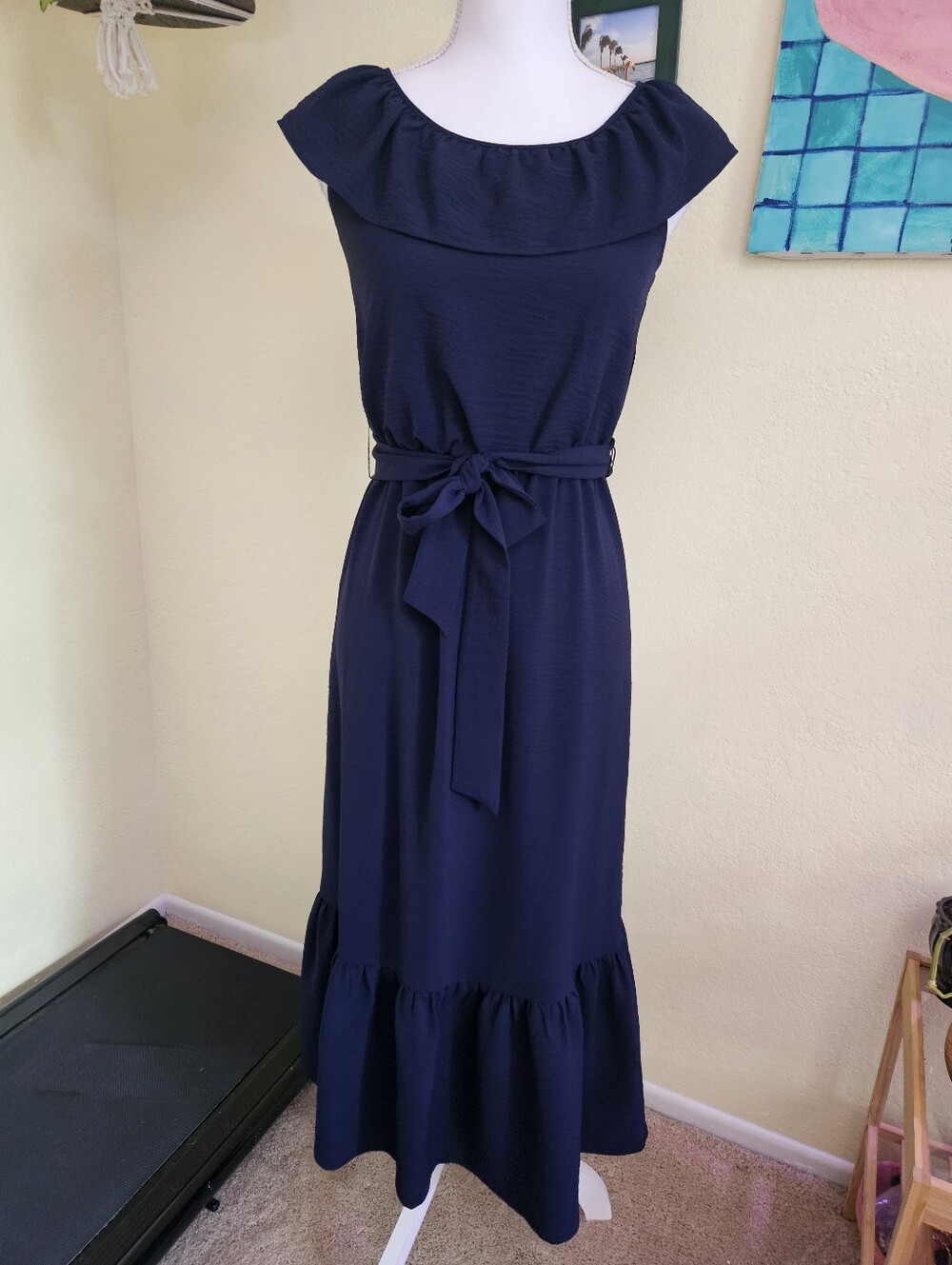 DKNY Women's Navy Ruffle-Sleeve Belted Maxi Dress Sz 0